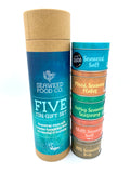 The Seaweed Food Co. Five Tin Gift Set showing tins stacked next to gift box