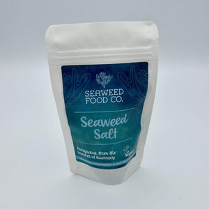 Pouch of seaweed salt on a white background